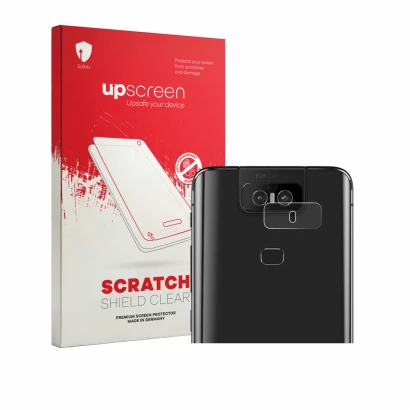 Face avant d’un emballage produit avec le logo de la marque upscreen. À côté, l’appareil ASUS ZenFone 6 ZS630KL (Caméra UNIQUE