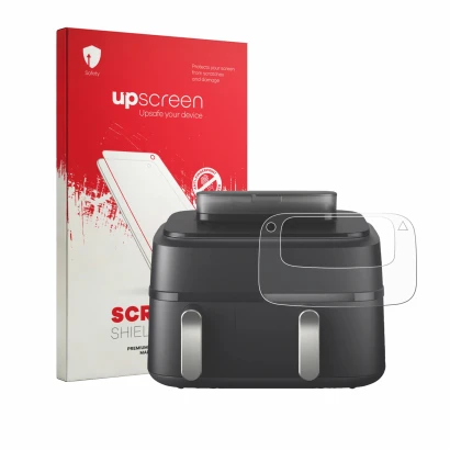 Face avant d’un emballage produit avec le logo de la marque upscreen. À côté, l’appareil Philips Airfryer 5000 Series NA551/00