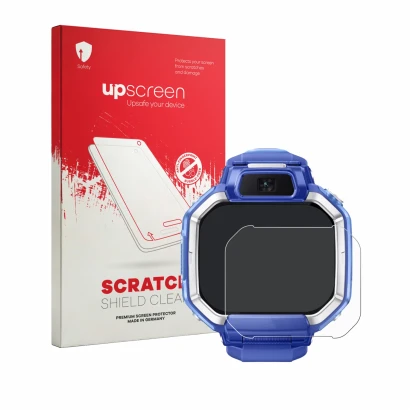 Face avant d’un emballage produit avec le logo de la marque upscreen. À côté, l’appareil Huawei Watch Kids X1 est représenté a
