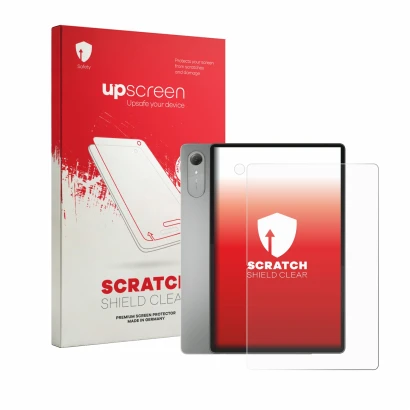 Face avant d’un emballage produit avec le logo de la marque upscreen. À côté, l’appareil Lenovo Idea Tab Pro Gen 2 13" (Avant+