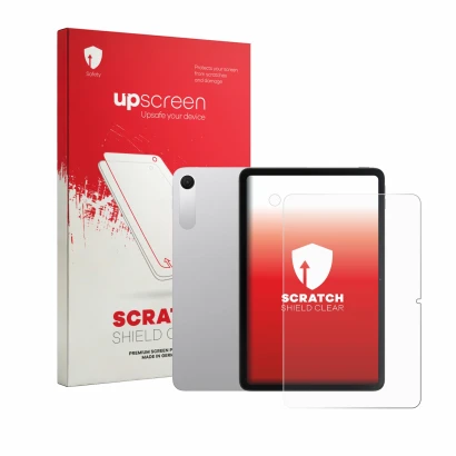 Face avant d’un emballage produit avec le logo de la marque upscreen. À côté, l’appareil Xiaomi Redmi Pad 2 9.7 (Avant+Caméra)