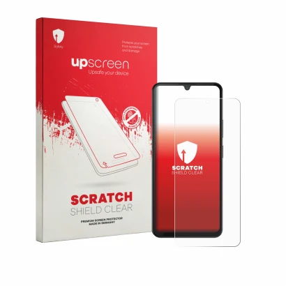 Face avant d’un emballage produit avec le logo de la marque upscreen. À côté, l’appareil Doogee M30 est représenté avec la pro