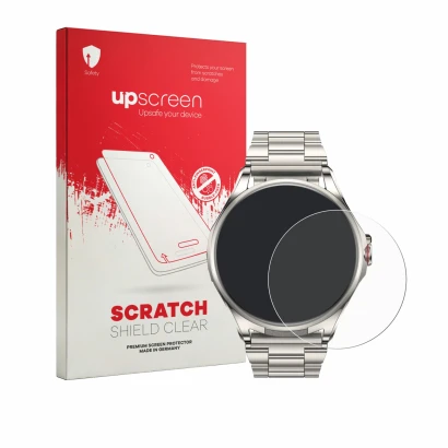 Face avant d’un emballage produit avec le logo de la marque upscreen. À côté, l’appareil Huawei Watch Buds 2 est représenté av