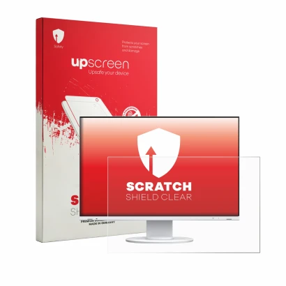 Face avant d’un emballage produit avec le logo de la marque upscreen. À côté, l’appareil Eizo Flexscan EV2410R est représenté 