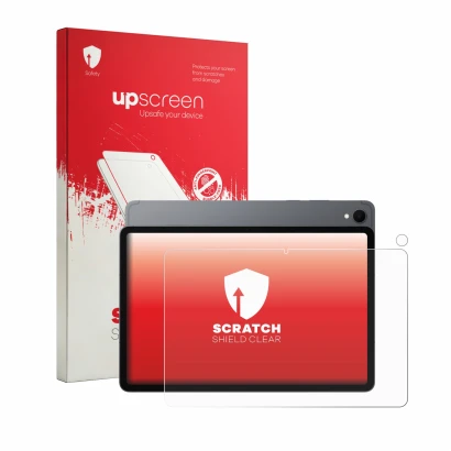 Face avant d’un emballage produit avec le logo de la marque upscreen. À côté, l’appareil Samsung Galaxy Tab S11 (Avant+Caméra)