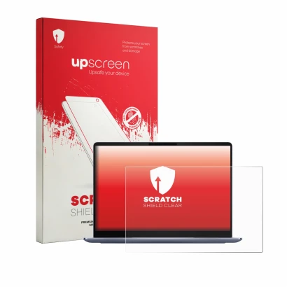 Face avant d’un emballage produit avec le logo de la marque upscreen. À côté, l’appareil Dell 14S DS14260 est représenté avec