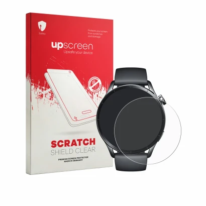 Face avant d’un emballage produit avec le logo de la marque upscreen. À côté, l’appareil Xiaomi Watch S5 est représenté avec l