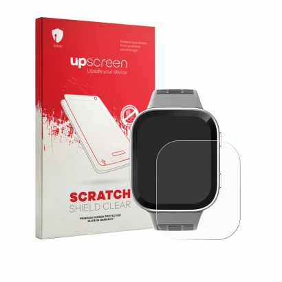 Face avant d’un emballage produit avec le logo de la marque upscreen. À côté, l’appareil Amazfit Bip Max est représenté avec l