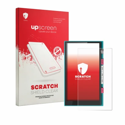 Face avant d’un emballage produit avec le logo de la marque upscreen. À côté, l’appareil Hiby Digital M500 est représenté avec