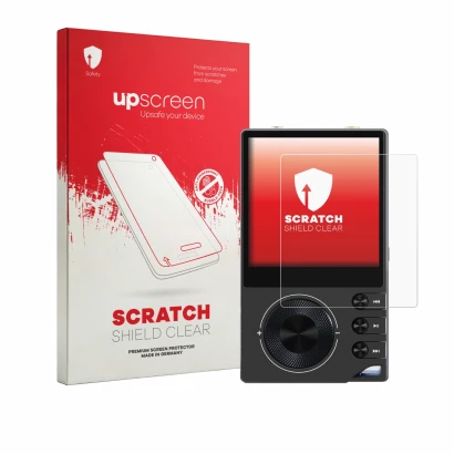 Face avant d’un emballage produit avec le logo de la marque upscreen. À côté, l’appareil Surfans F20 Pro est représenté avec l