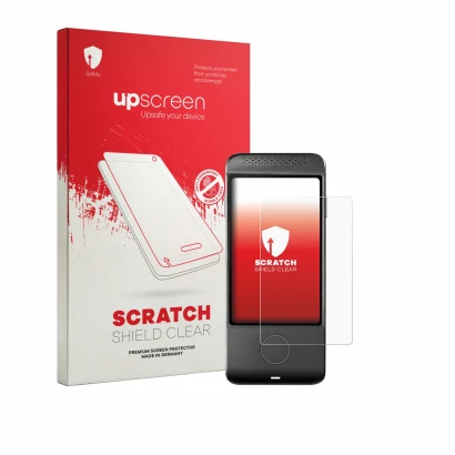 Face avant d’un emballage produit avec le logo de la marque upscreen. À côté, l’appareil Vasco Translator M4 est représenté av