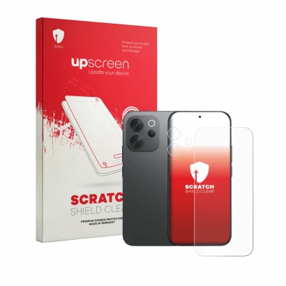 Face avant d’un emballage produit avec le logo de la marque upscreen. À côté, l’appareil Vivo V70 (Avant+Caméra) est représent