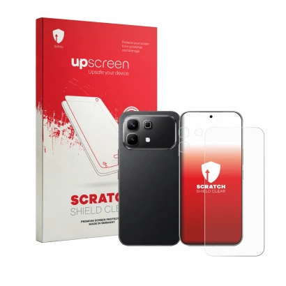 Face avant d’un emballage produit avec le logo de la marque upscreen. À côté, l’appareil Infinix Note 60 (Avant+Caméra) est re