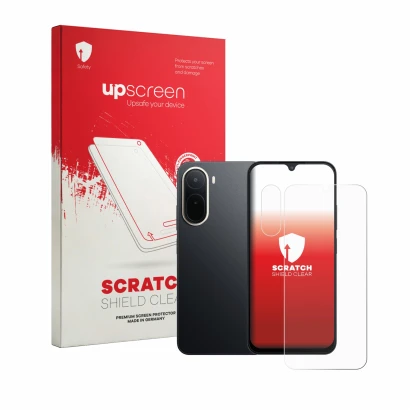 Face avant d’un emballage produit avec le logo de la marque upscreen. À côté, l’appareil Xiaomi Redmi A7 Pro (Avant+Caméra) es