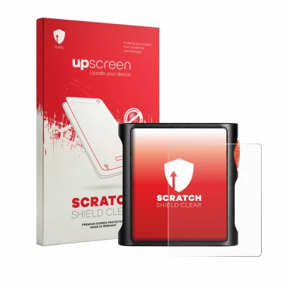 Face avant d’un emballage produit avec le logo de la marque upscreen. À côté, l’appareil Shanling M0 Pura est représenté avec 