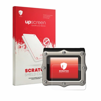 Face avant d’un emballage produit avec le logo de la marque upscreen. À côté, l’appareil Shearwater Perdix 3 est représenté av