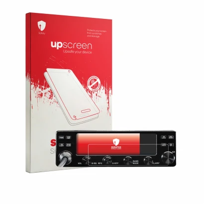 Face avant d’un emballage produit avec le logo de la marque upscreen. À côté, l’appareil Midland 8001 Pro est représenté avec