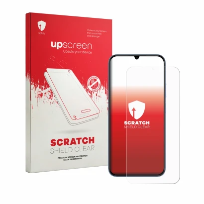 Face avant d’un emballage produit avec le logo de la marque upscreen. À côté, l’appareil realme C100x est représenté avec la p