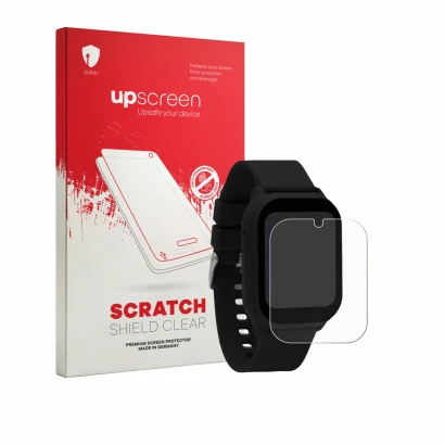 Face avant d’un emballage produit avec le logo de la marque upscreen. À côté, l’appareil One2Track Connect You est représenté