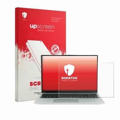 Face avant d’un emballage produit avec le logo de la marque upscreen. À côté, l’appareil Wortmann Terra Mobile 1610 est représ