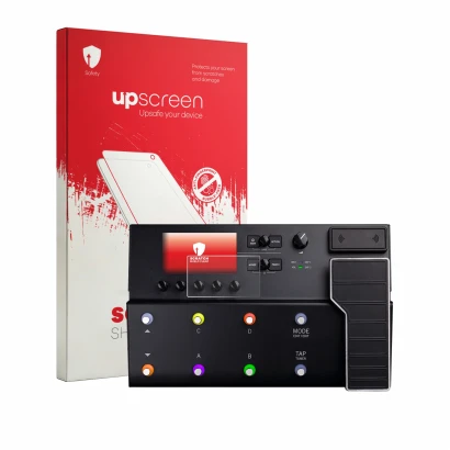 Face avant d’un emballage produit avec le logo de la marque upscreen. À côté, l’appareil Line 6 POD Go Wireless est représenté