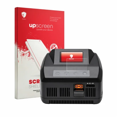 Face avant d’un emballage produit avec le logo de la marque upscreen. À côté, l’appareil Spektrum Smart Charger S1100 G2 est r