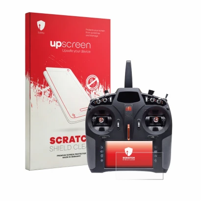 Face avant d’un emballage produit avec le logo de la marque upscreen. À côté, l’appareil Spektrum iX14 Plus est représenté ave