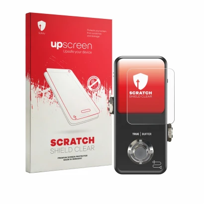 Face avant d’un emballage produit avec le logo de la marque upscreen. À côté, l’appareil TC Electronic POLYTUNE 3 Noir est rep