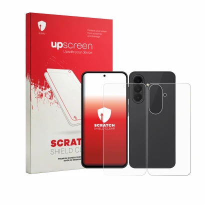 Face avant d’un emballage produit avec le logo de la marque upscreen. À côté, l’appareil Samsung Galaxy A27 5G (Avant+Arrière)