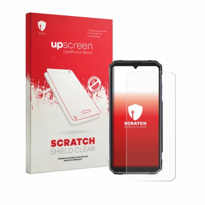 Face avant d’un emballage produit avec le logo de la marque upscreen. À côté, l’appareil Hotwav Cyber 18 est représenté avec l