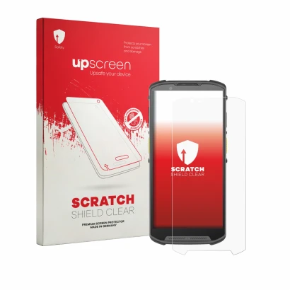 Face avant d’un emballage produit avec le logo de la marque upscreen. À côté, l’appareil Newland MT95 Kambur Pro III est repré