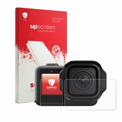 Face avant d’un emballage produit avec le logo de la marque upscreen. À côté, l’appareil GoPro Mission 1 Pro est représenté av