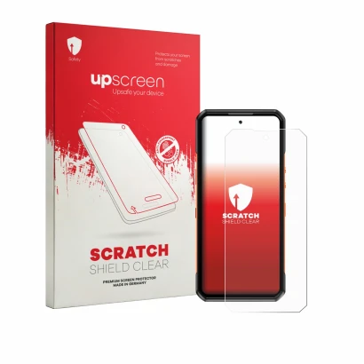 Face avant d’un emballage produit avec le logo de la marque upscreen. À côté, l’appareil Oukitel WP500 est représenté avec la 