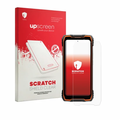 Face avant d’un emballage produit avec le logo de la marque upscreen. À côté, l’appareil Blackview Rock 2 est représenté avec 