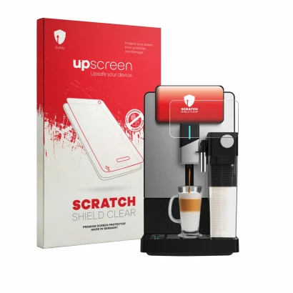 Face avant d’un emballage produit avec le logo de la marque upscreen. À côté, l’appareil Cecotec Cremmaet Latte Art A90_EU01 e