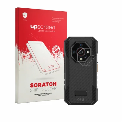 Face avant d’un emballage produit avec le logo de la marque upscreen. À côté, l’appareil Ulefone Armor X32 Pro (Caméra UNIQUEM
