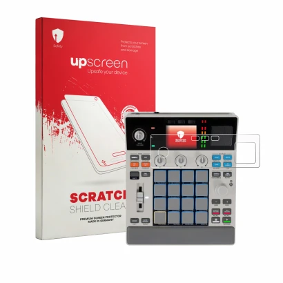 Face avant d’un emballage produit avec le logo de la marque upscreen. À côté, l’appareil Akai MPC Sample est représenté avec l