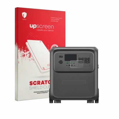 Face avant d’un emballage produit avec le logo de la marque upscreen. À côté, l’appareil Bluetti Elite 400 est représenté avec