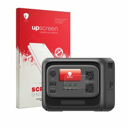 Face avant d’un emballage produit avec le logo de la marque upscreen. À côté, l’appareil Bluetti Elite 300 est représenté avec