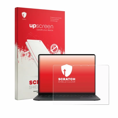 Face avant d’un emballage produit avec le logo de la marque upscreen. À côté, l’appareil Microsoft Surface Laptop 13.8" 2026 e