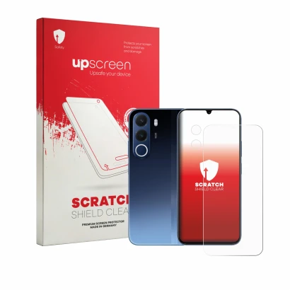 Face avant d’un emballage produit avec le logo de la marque upscreen. À côté, l’appareil realme C100x (Avant+Caméra) est repré