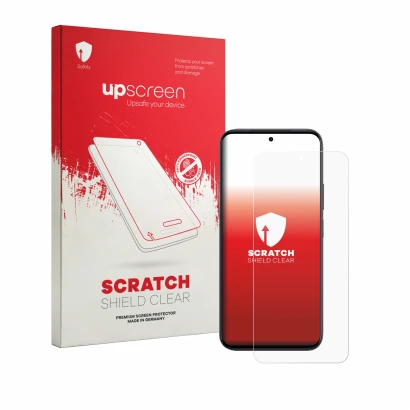 Face avant d’un emballage produit avec le logo de la marque upscreen. À côté, l’appareil Vivo Y6a est représenté avec la prote