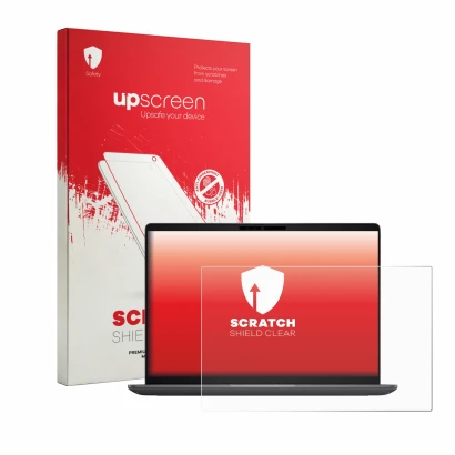 Face avant d’un emballage produit avec le logo de la marque upscreen. À côté, l’appareil Dell Pro Precision 5-Serie 14S PW5142
