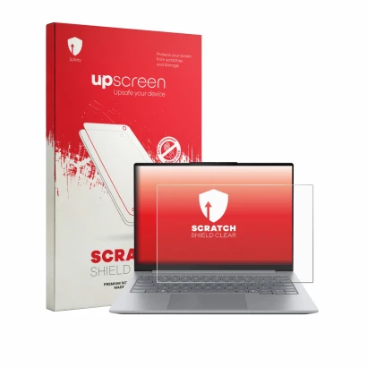 Face avant d’un emballage produit avec le logo de la marque upscreen. À côté, l’appareil Lenovo ThinkBook 14 Gen 9 est représe