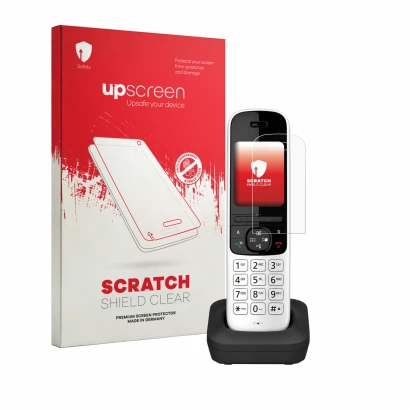 Face avant d’un emballage produit avec le logo de la marque upscreen. À côté, l’appareil Panasonic KX-TGH723 est représenté av