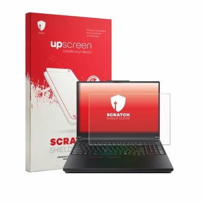 Face avant d’un emballage produit avec le logo de la marque upscreen. À côté, l’appareil Lenovo ThinkPad T16g Gen 3 16" est re