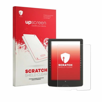 Face avant d’un emballage produit avec le logo de la marque upscreen. À côté, l’appareil inkBOOK Solaris est représenté avec l
