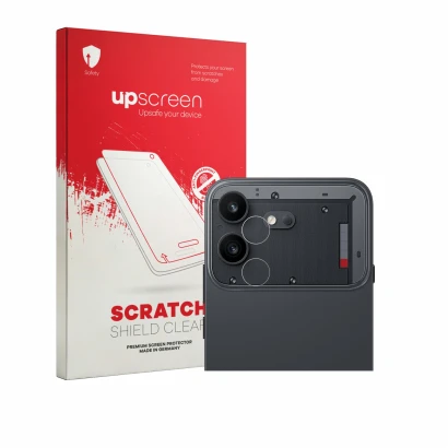 Face avant d’un emballage produit avec le logo de la marque upscreen. À côté, l’appareil Nothing Phone (4b) (Caméra UNIQUEMENT