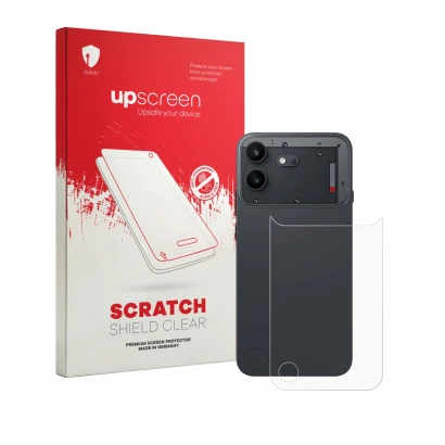 Face avant d’un emballage produit avec le logo de la marque upscreen. À côté, l’appareil Nothing Phone (4b) (Arrière) est repr