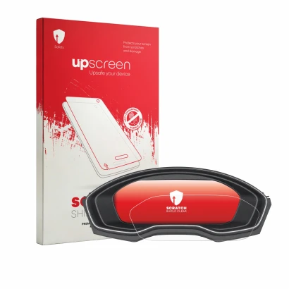 Face avant d’un emballage produit avec le logo de la marque upscreen. À côté, l’appareil Audi A4 B9 2019-2024 Virtual Cockpit 